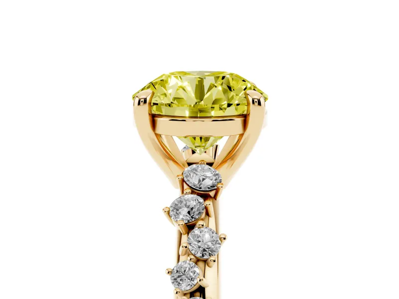 Fancy Yellow Round Cut Diamond Solitaire Vine Band Ring Set in Yellow gold with Round Accents and Prong Setting