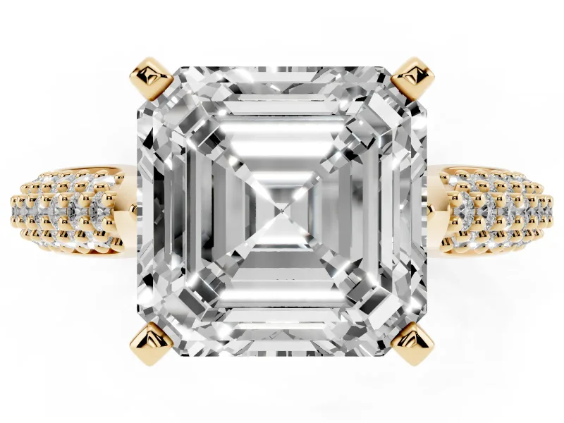 Asscher Cut Diamond Solitaire Engagement Ring Set in Yellow gold with Multi-Row Round Pavé Band and Prong Setting