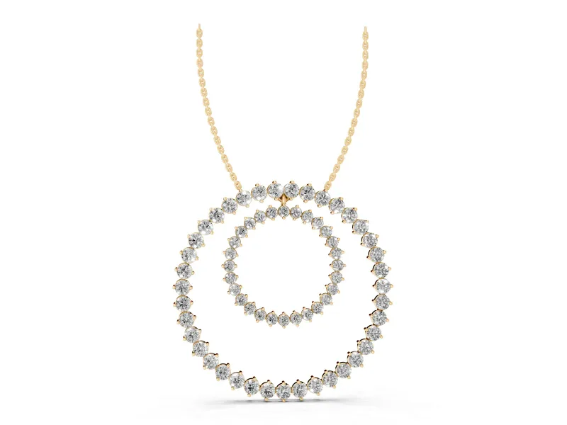 Round Diamond Double Halo Pendant Set in Yellow gold with Prong-Set Accents
