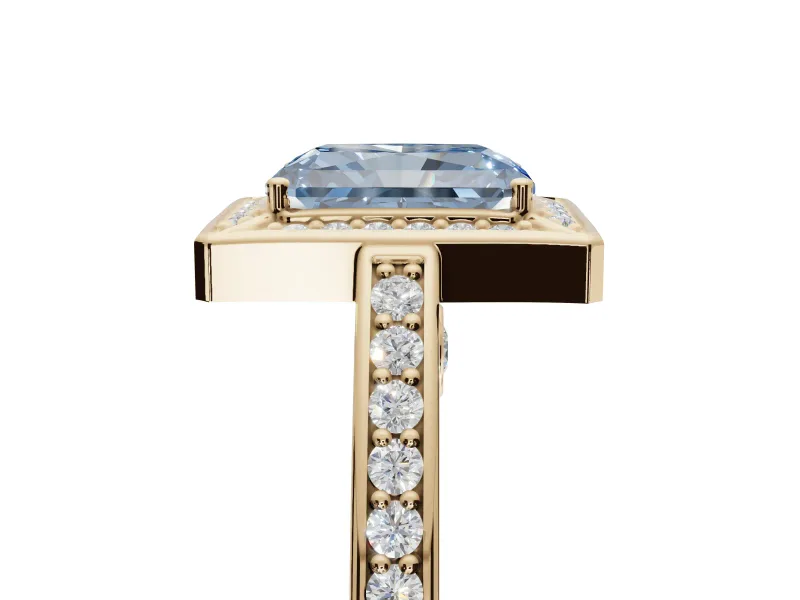 Radiant Cut Sectioned Halo Engagement Ring Setting for a Fancy Blue Lab-Grown Diamond | Yellow Gold