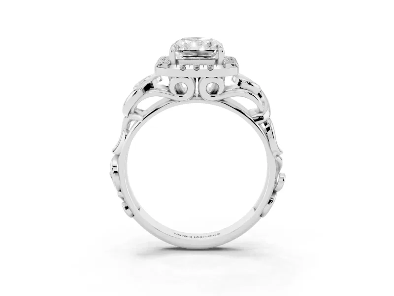 Radiant Cut Diamond Halo Ring Set in Silver with Scrollwork Band and Prong Setting