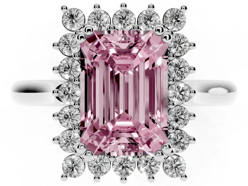 Fancy Pink Emerald Cut Diamond Halo Ring Set in Silver with Plain Solitaire Band and Prong Setting