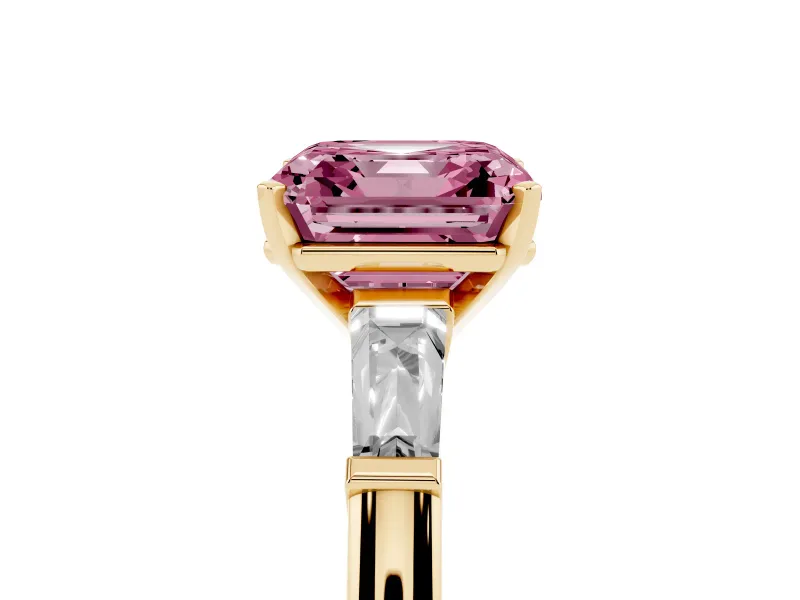 Asscher Cut Three Stone Engagement Ring Setting for a Fancy Pink Lab-Grown Diamond | Tapered Baguettes | Yellow Gold