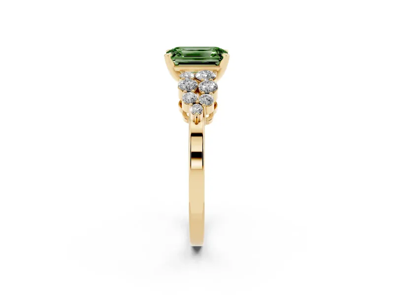 Fancy Green Emerald Cut Diamond Cluster Engagement Ring Set in Yellow gold with Pavé Band and Prong Setting