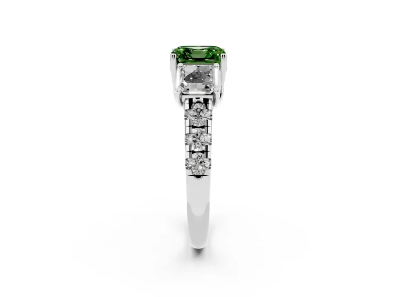 Asscher Cut Three Stone Engagement Ring Setting for a Fancy Green Lab-Grown Diamond | Accented Shoulders | Platinum