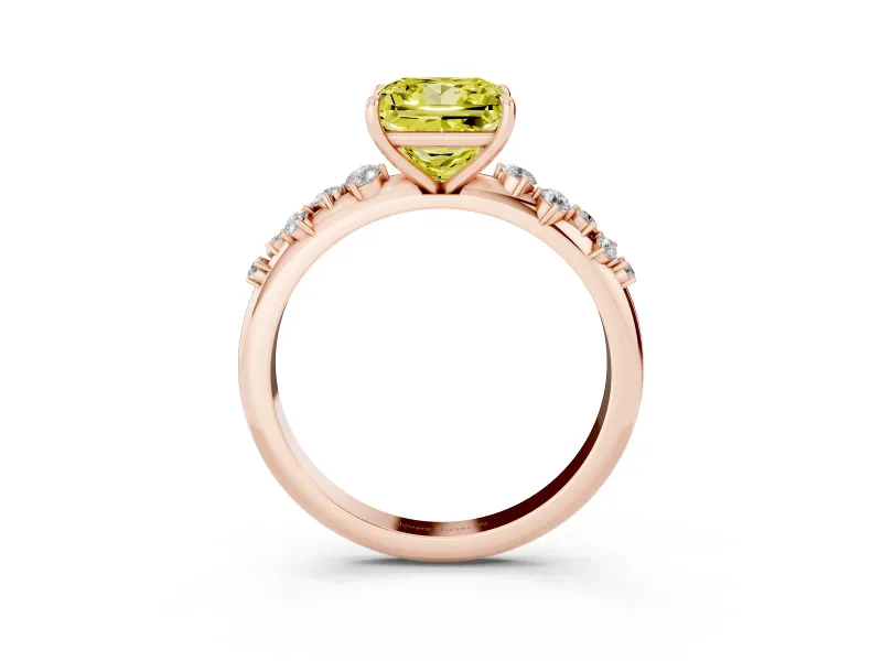 Fancy Yellow Princess Cut Diamond Cluster Solitaire Ring Set in Rose gold with Prong Setting