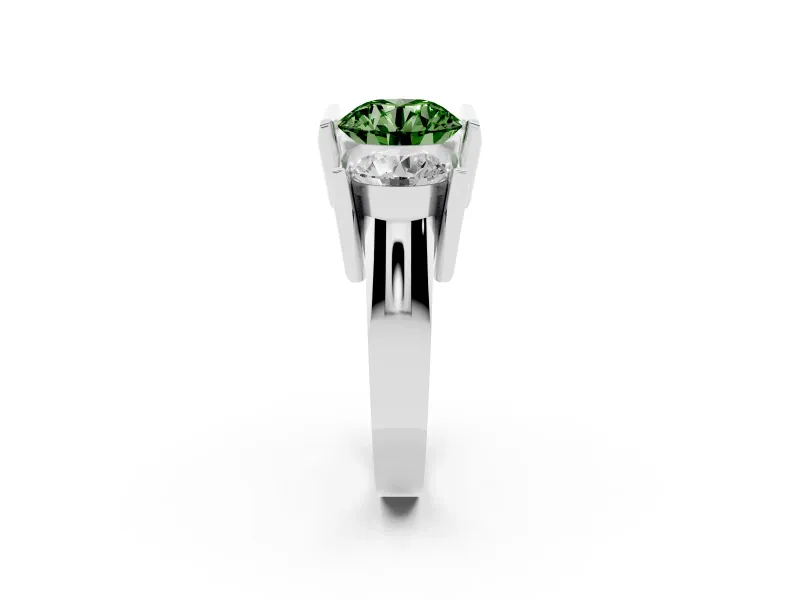 Fancy Green Round Cut Diamond Three-Stone Channel Set Ring Set in White gold with Smooth Polished Band