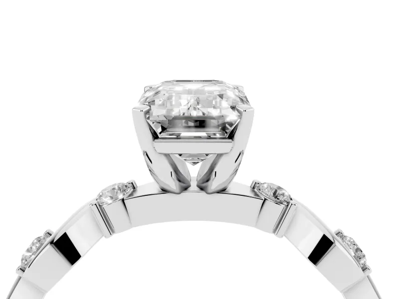 Emerald Cut Ribbon Twist Solitaire Engagement Ring Setting | Accented Shoulders | White Gold