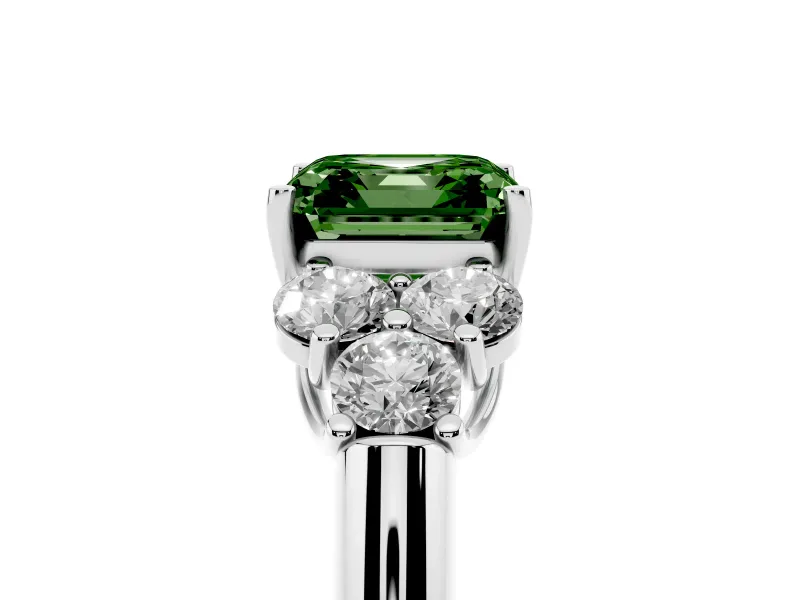Fancy Green Asscher Cut Diamond Cluster Ring Set in Silver with Round Accent Stones and Prong Setting on a Plain Band