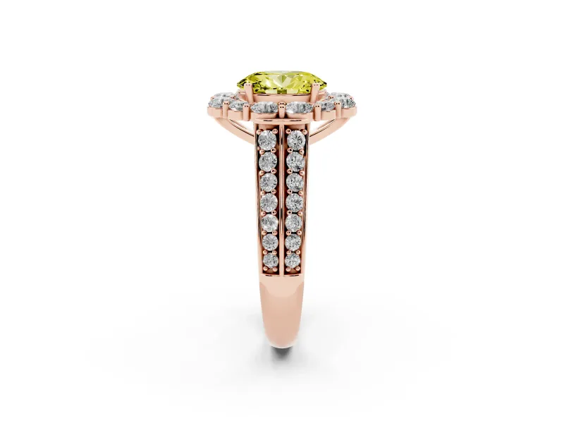 Fancy Yellow Oval Cut Diamond Halo Engagement Ring Set in Rose gold with Split Shank and Prong Setting