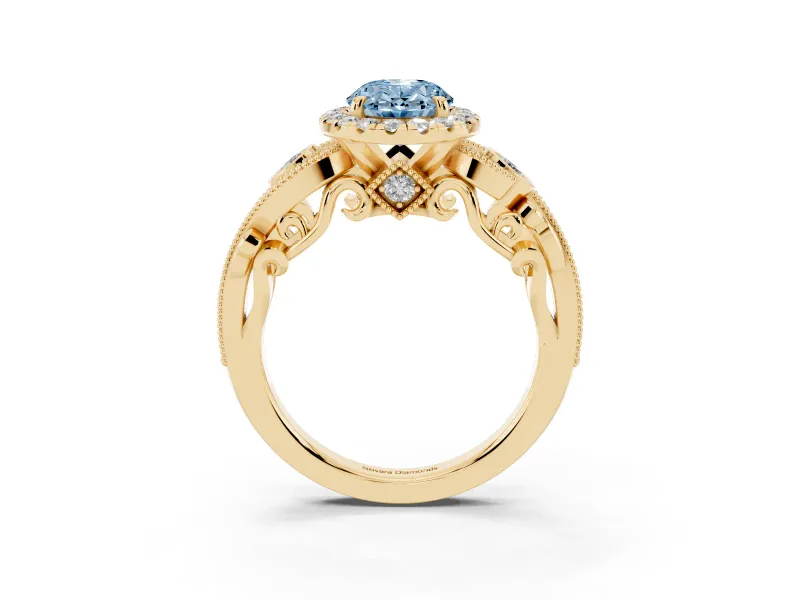 Fancy Blue Oval Cut Diamond Halo Ring Set in Yellow gold with Milgrain Pavé Band and Prong Setting