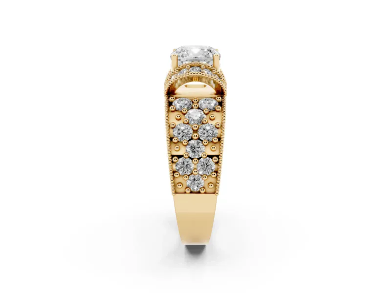 Cushion Cut Vintage Milgrain Pave Engagement Ring Setting | Crescent Side Rows | Yellow Gold