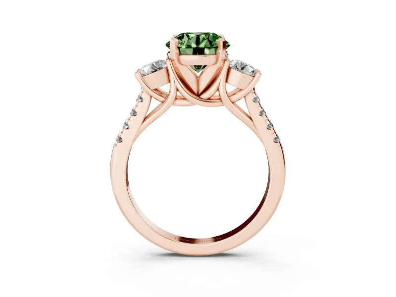 Fancy Green Three-Stone Round Cut Diamond Pavé Band Ring Set in Rose gold with Prong-Set Trio