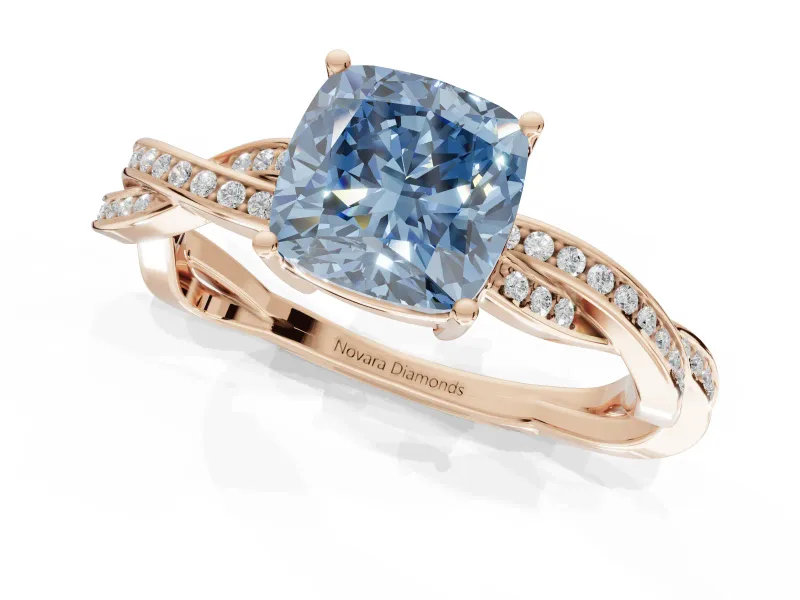 Cushion Cut Twisted Pavé Solitaire Engagement Ring Setting for a Fancy Blue Lab-Grown Diamond | Open Basket | Rose Gold