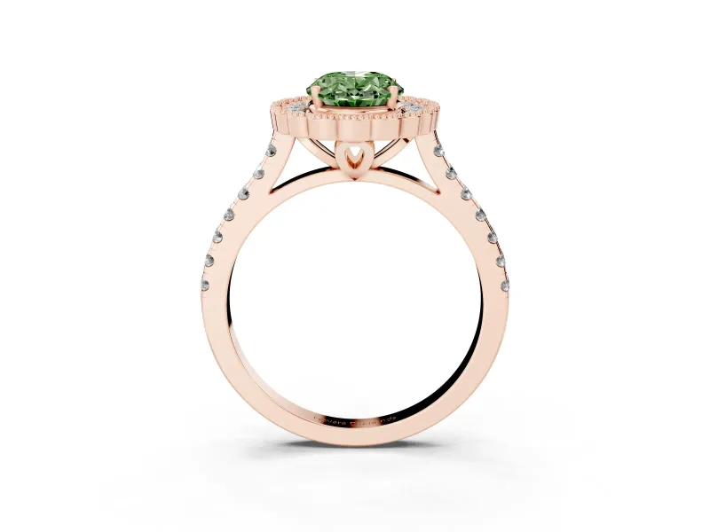 Fancy Green Oval Cut Diamond Milgrain Floral Halo Engagement Ring Set in Rose gold with Pavé Band