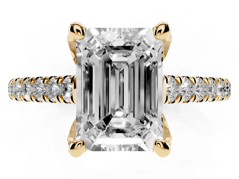 Emerald Cut Hidden Halo Pave Engagement Ring Setting | Claw Prongs | Yellow Gold