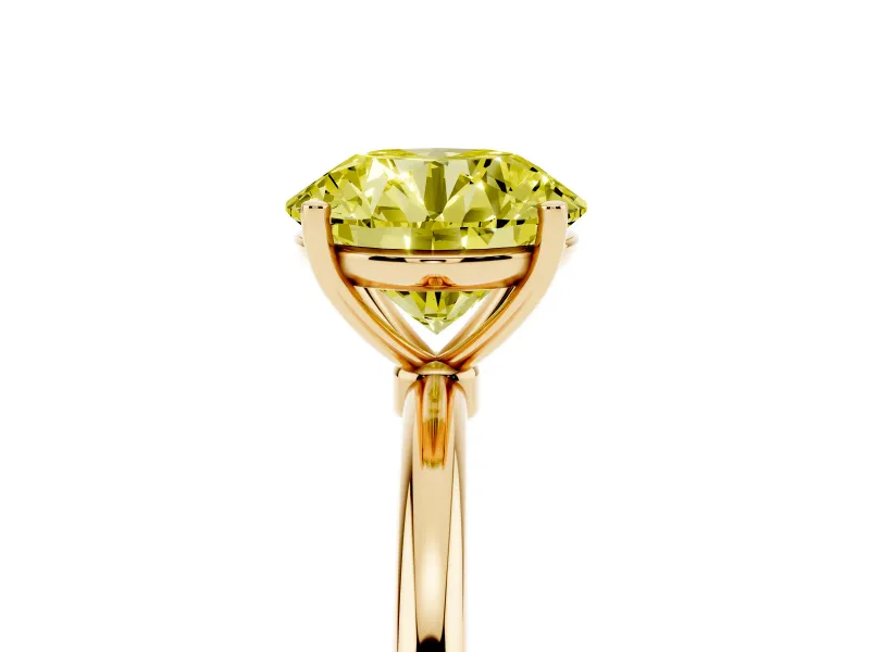 Fancy Yellow Round Cut Diamond Solitaire Engagement Ring Set in Yellow gold with Thin Band and Prong Setting