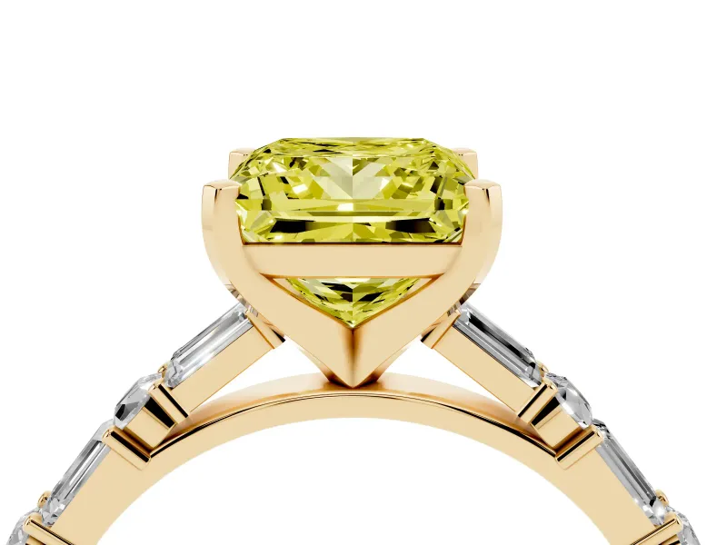 Princess Cut Baguette Side Stone Engagement Ring Setting for a Fancy Yellow Lab-Grown Diamond | Yellow Gold