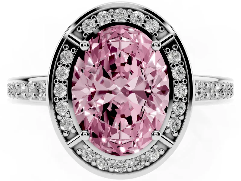 Fancy Pink Oval Cut Diamond Halo Pavé Split Shank Ring Set in Platinum with Prong Setting