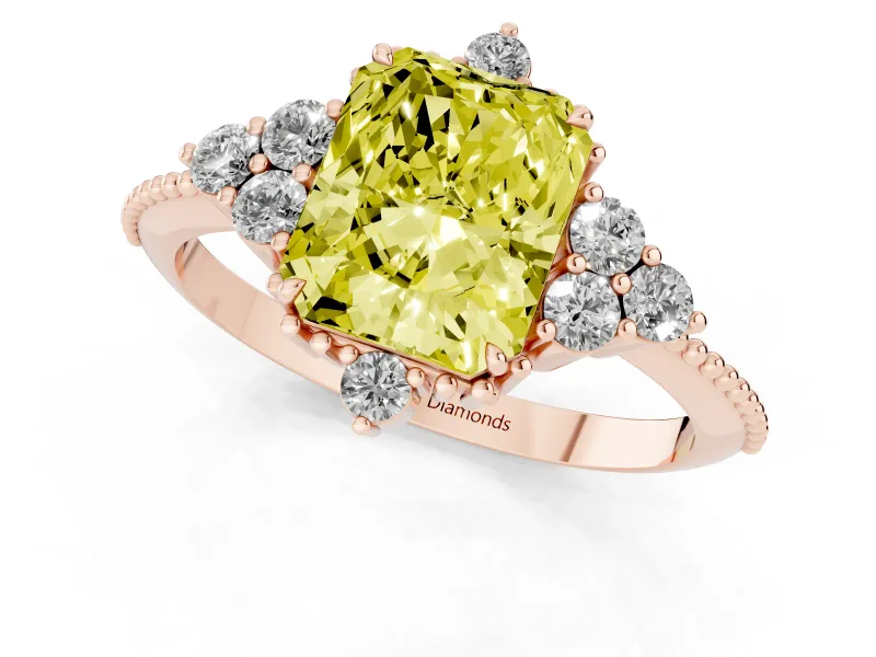 Fancy Yellow Radiant Cut Diamond Cluster Ring Set in Rose gold with Beaded Band