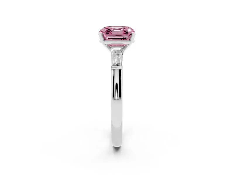 Fancy Pink Asscher Cut Diamond Solitaire Ring Set in Platinum with Tapered Baguette Side Stones and Prong Setting