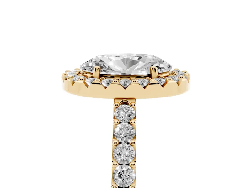 Oval Cut Diamond Halo Pavé Solitaire Ring Set in Yellow gold with Prong-Set Center Stone