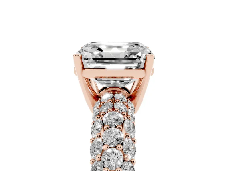 Asscher Cut Multi Row Pave Solitaire Engagement Ring Setting | Domed Shoulders | Rose Gold