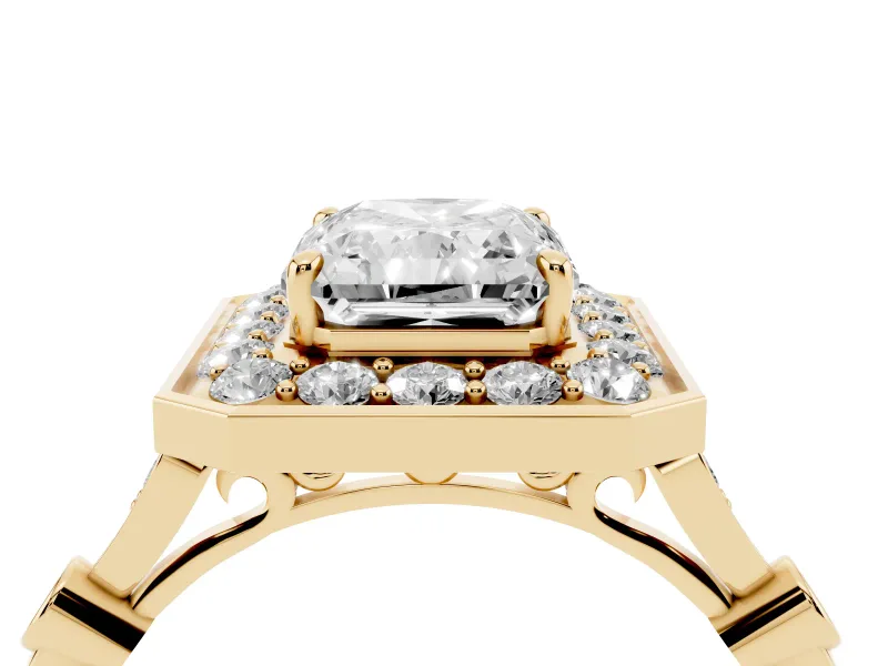 Radiant Cut Vintage Halo Engagement Ring Setting | Bezel Station Shoulders | Yellow Gold