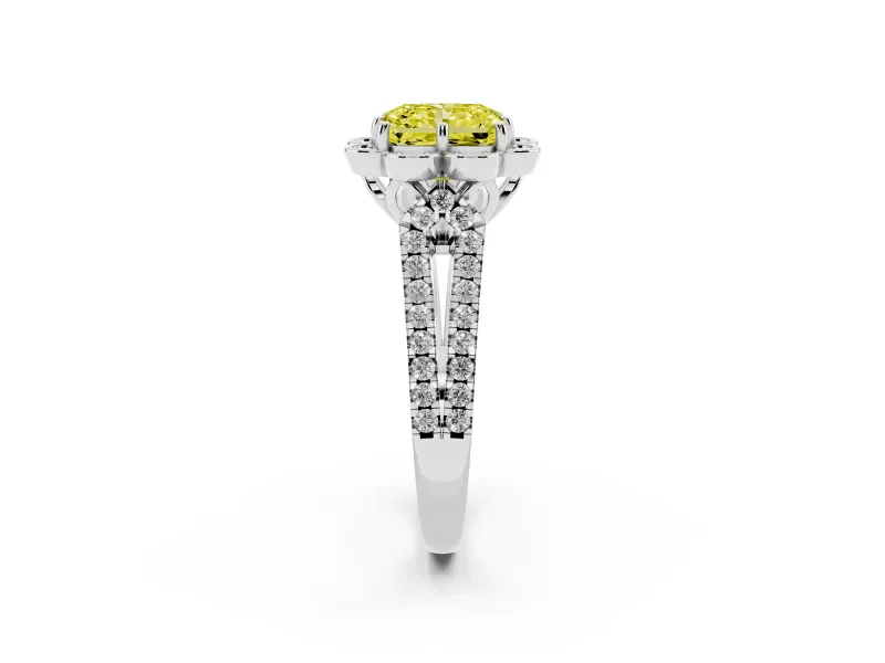 Radiant Cut Floral Halo Engagement Ring Setting for a Fancy Yellow Lab-Grown Diamond | Pavé Split Shank | Platinum