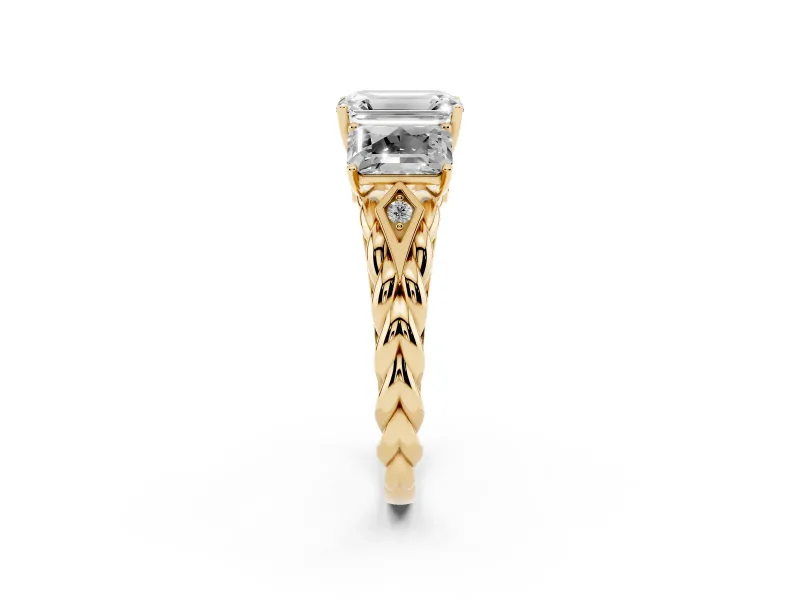 Emerald Cut Three Stone Engagement Ring Setting | Braided Band | Yellow Gold