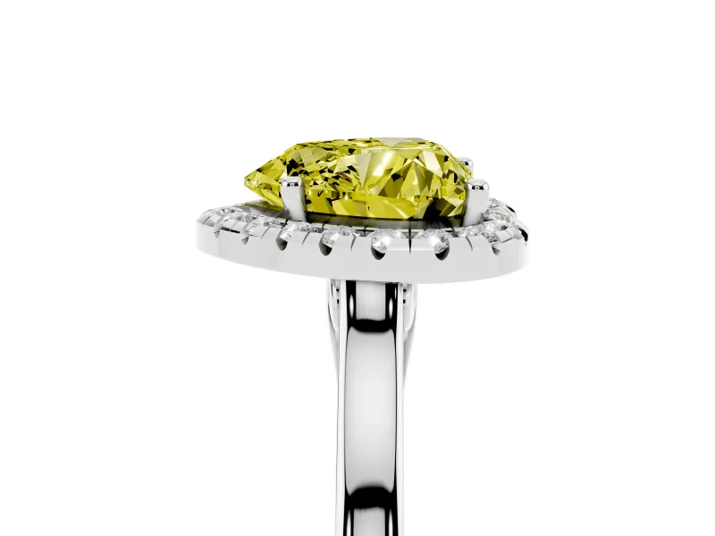 Fancy Yellow Heart Cut Halo Round Diamond Solitaire Ring Set in Platinum with Pavé Band and Prong Setting