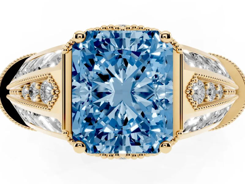 Fancy Blue Radiant Cut Diamond Vintage-Inspired Milgrain Ring Set in Yellow gold with Accent Split Shank
