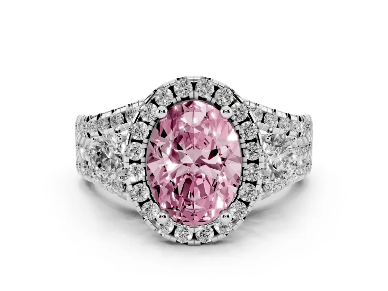 Fancy Pink Oval Cut Diamond Halo Split Shank Ring Set in Platinum with Round Accent Stones and Prong Setting