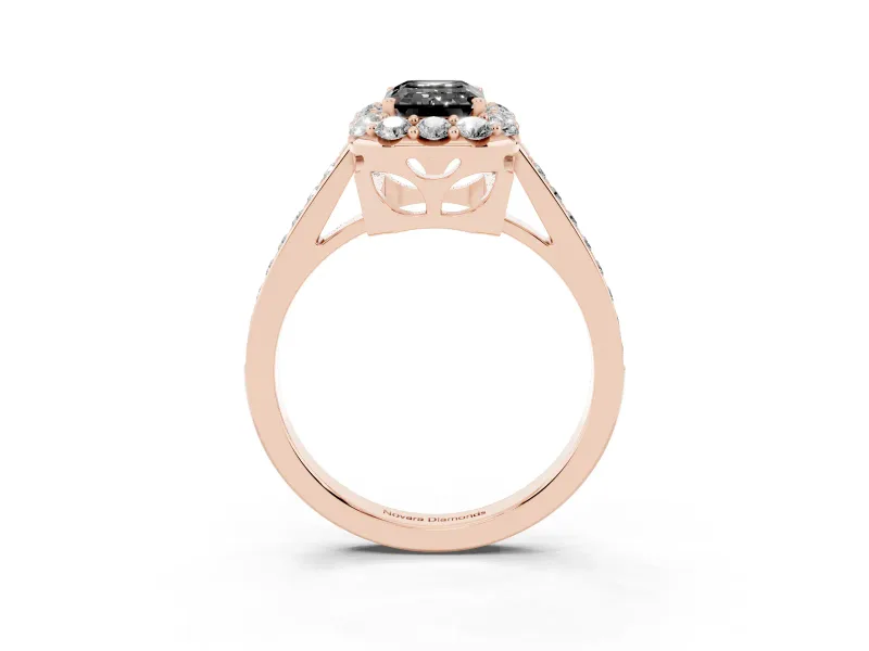 Fancy Black Emerald Cut Diamond Floral Halo Ring Set in Rose gold with Pavé Band and Prong Setting