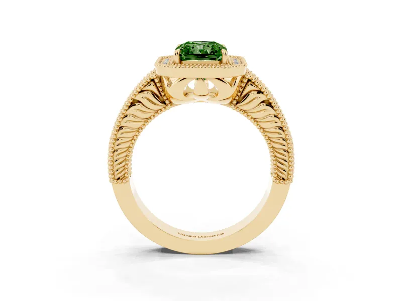 Fancy Green Radiant Cut Diamond Halo Ring Set in Yellow gold with Round Accent Halo, Pavé Band and Prong Setting