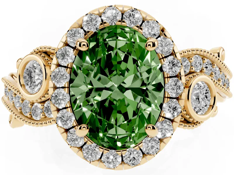 Fancy Green Oval Cut Diamond Halo Ring Set in Yellow gold with Milgrain Pavé Band and Prong Setting