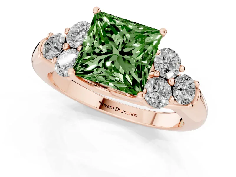 Fancy Green Princess Cut Diamond Cluster Ring Set in Rose gold with Round Accent Stones and Prong Setting on a Plain Band