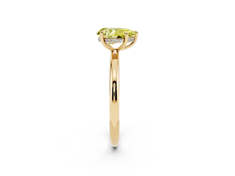 Fancy Yellow Pear Cut Diamond Solitaire Ring Set in Yellow gold with Thin Band and Prong Setting