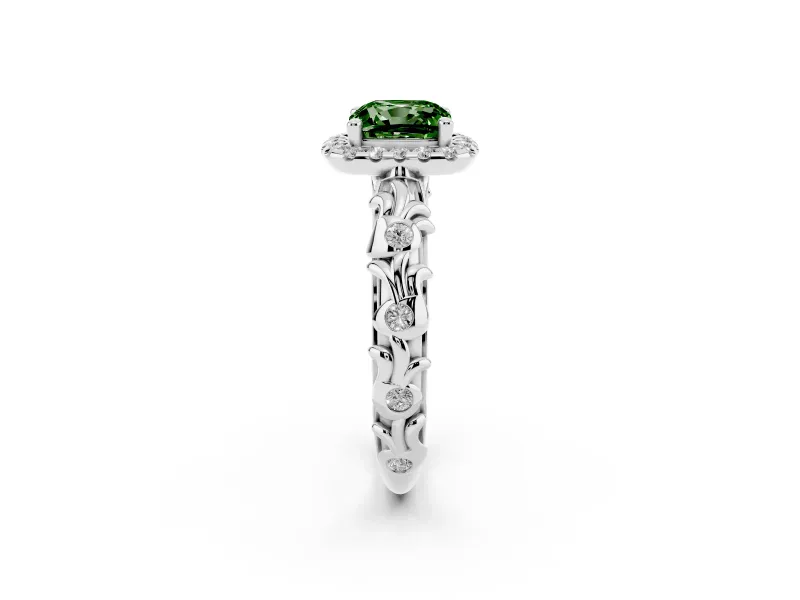 Cushion Cut Leaf Halo Engagement Ring Setting for a Fancy Green Lab-Grown Diamond | Bezel Accents | Platinum