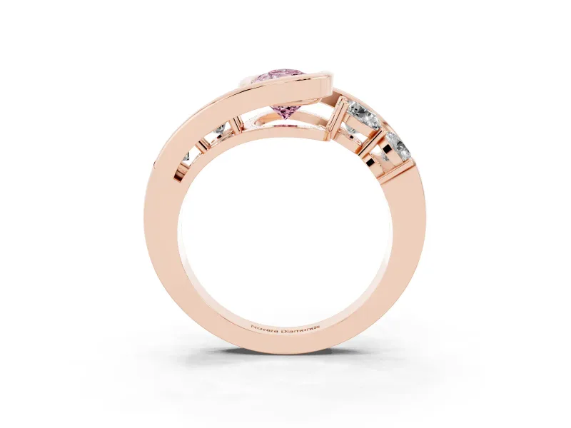 Fancy Pink Pear Cut Diamond Bezel Bypass Ring Set in Rose gold with Round Accents