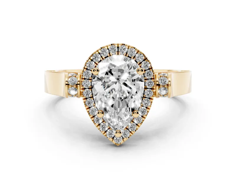 Pear Cut Diamond Halo Ring Set in Yellow gold with Pavé-Lined Split Shank Band