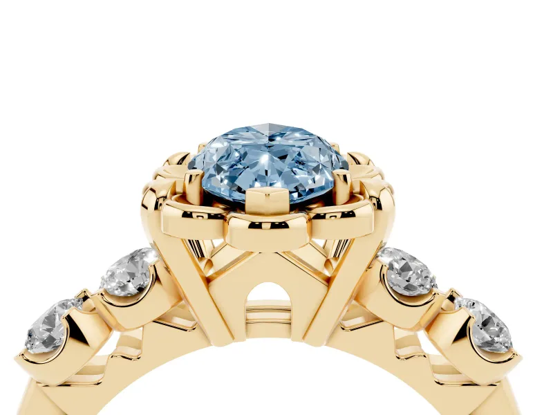 Marquise Floral Engagement Ring Setting for a Fancy Blue Lab-Grown Diamond | Petal Frame and Side Stones | Yellow Gold