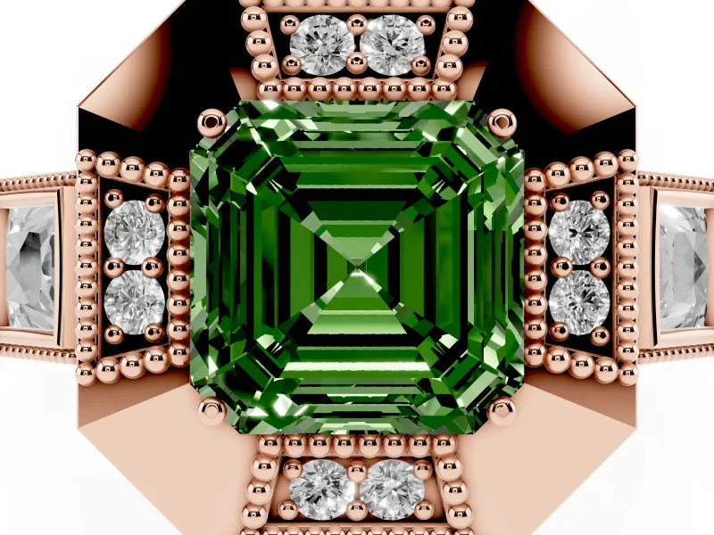 Fancy Green Asscher Cut Diamond Milgrain Halo Ring Set in Rose gold with Split Shank