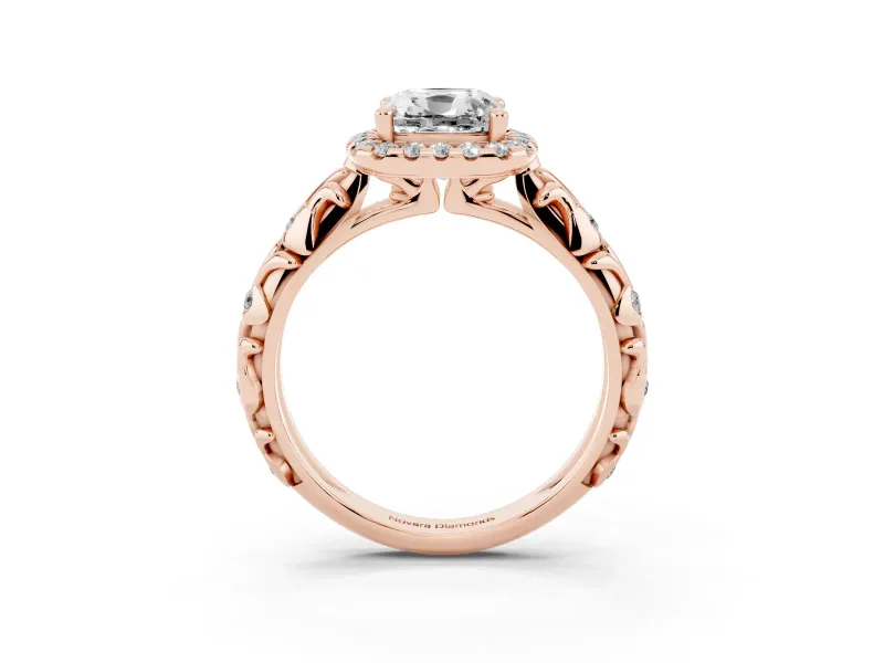 Cushion Cut Filigree Leaf Halo Engagement Ring Setting | Bezel Leaf Accents | Rose Gold