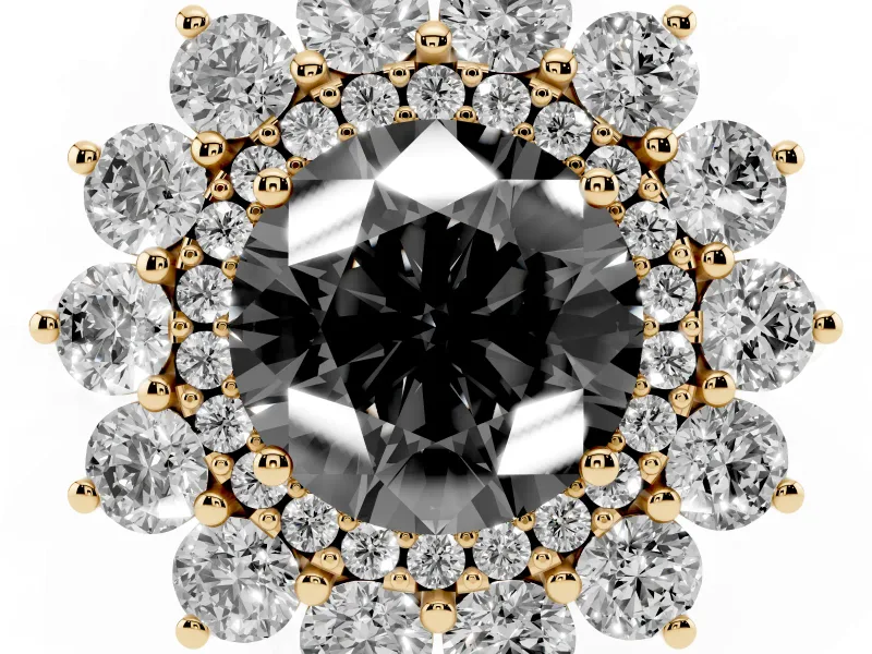 Round Floral Double Halo Engagement Ring Setting for a Black Center | Plain Band | Yellow Gold