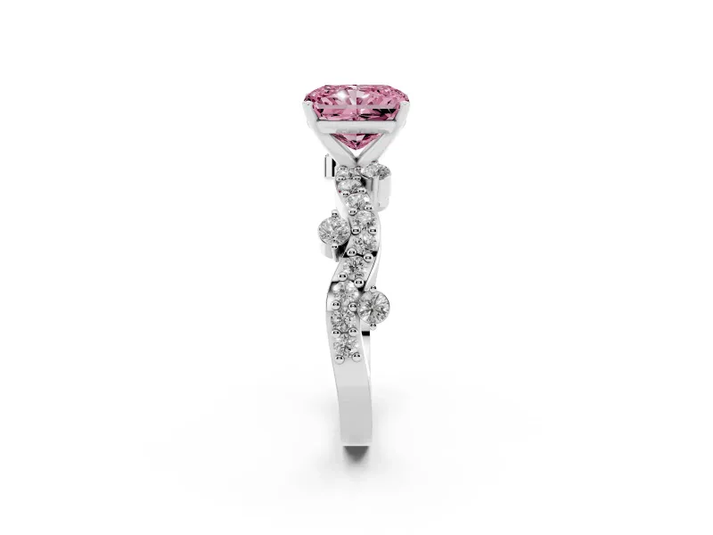Fancy Pink Radiant Cut Diamond Solitaire Twisted Band Set in Silver with Pavé Setting