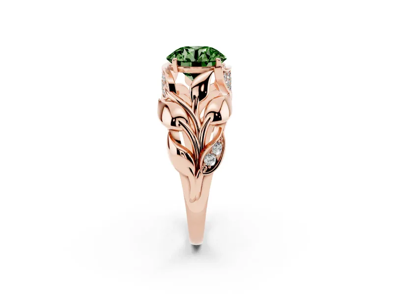 Fancy Green Round Cut Diamond Leaf-Inspired Engagement Ring Set in Rose gold with Round Accents