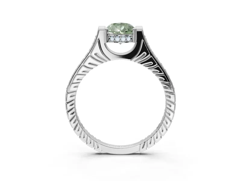 Pear-Shaped Vintage Cathedral Engagement Ring Setting for a Fancy Green Lab-Grown Diamond | Carved Band | White Gold