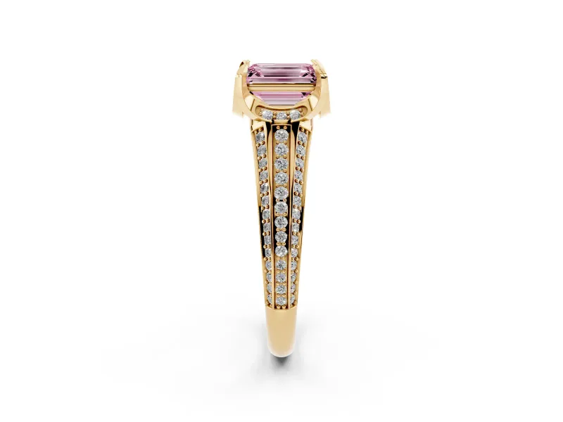 Fancy Pink Emerald Cut Diamond Pavé Split Shank Solitaire Ring Set in Yellow gold with Prong Setting