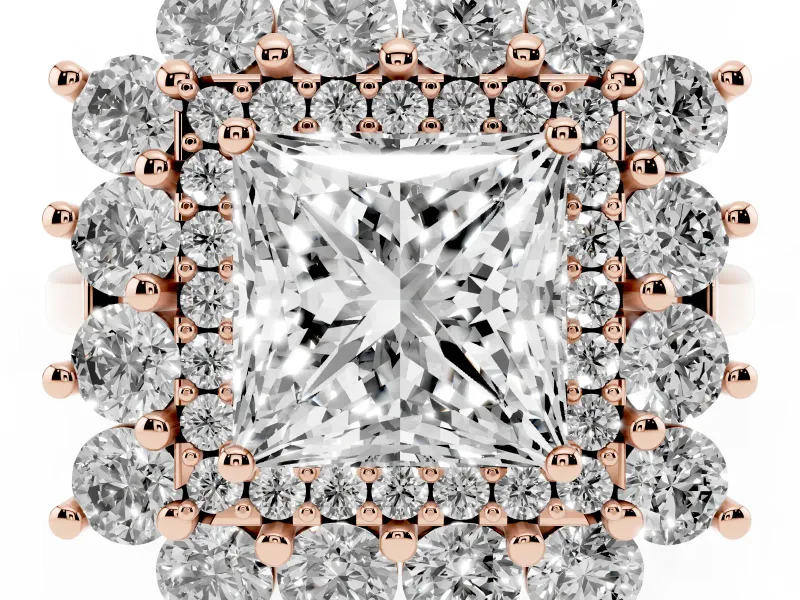 Princess Cut Floral Double Halo Engagement Ring Setting | Plain Band | Rose Gold